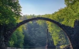 Stone archway over a body of water surrounded by trees